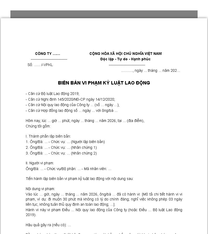 Biên bản vi phạm kỷ luật lao động