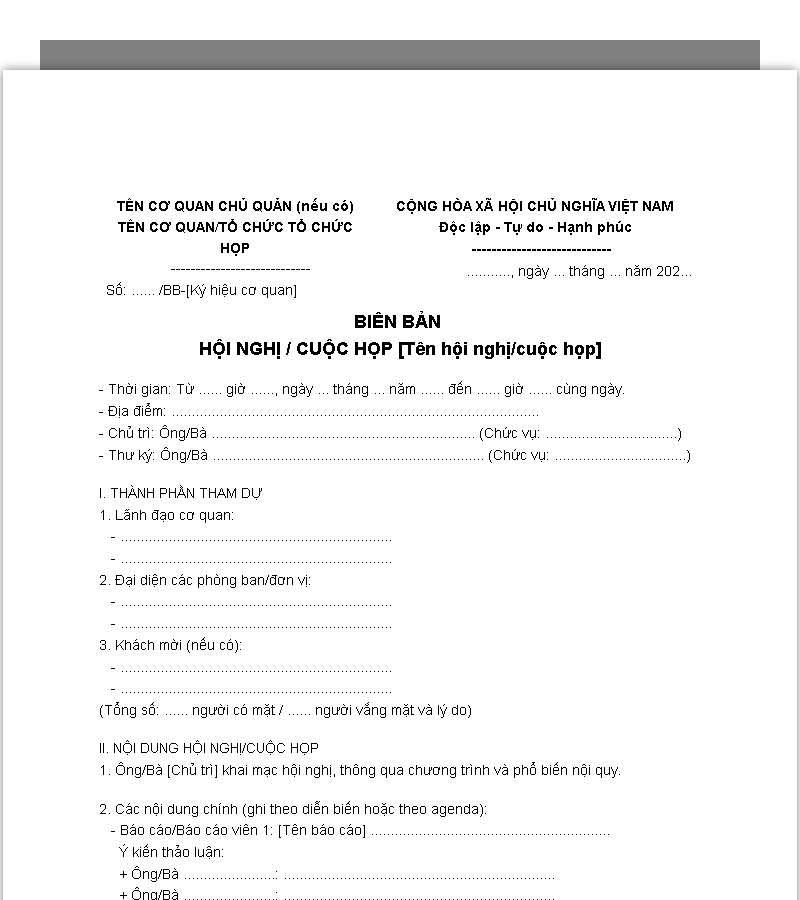 Mẫu biên bản hội nghị chung