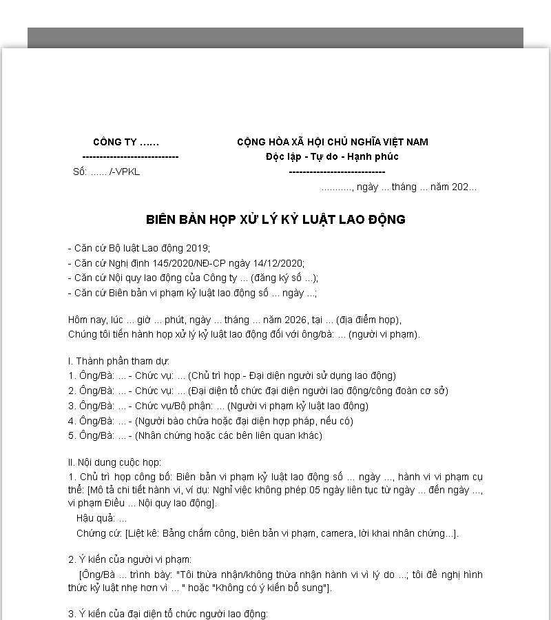 Biên bản họp xử lý kỷ luật lao động