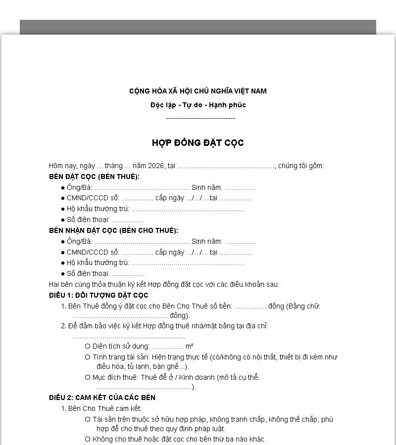 Mẫu biên bản nhận tiền đặt cọc thuê nhà, thuê mặt bằng