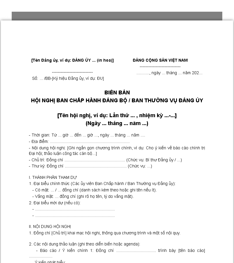Mẫu biên bản hội nghị ban chấp hành, ban thường vụ Đảng ủy