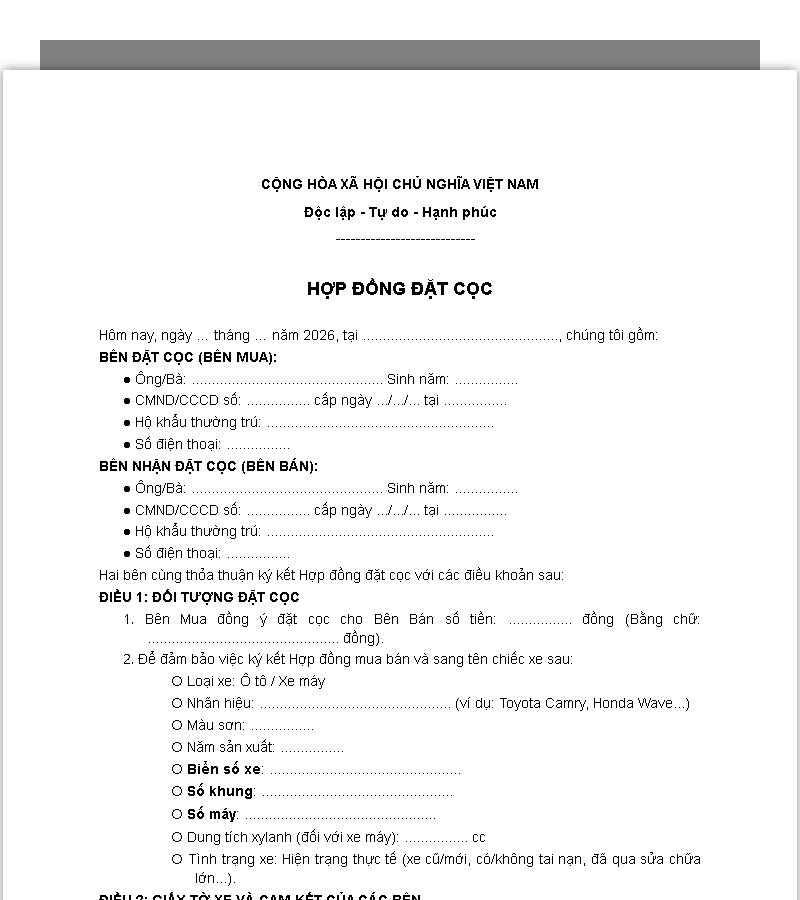 Mẫu biên bản nhận tiền đặt cọc mua bán ô tô, xe máy