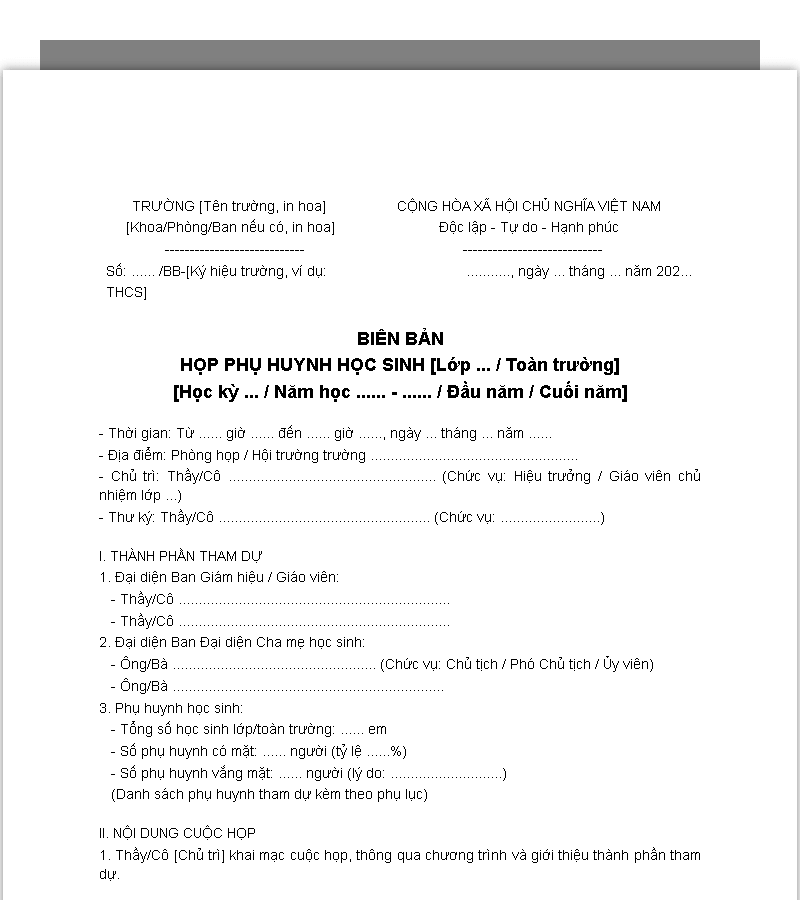 Mẫu biên bản hội nghị phụ huynh học sinh