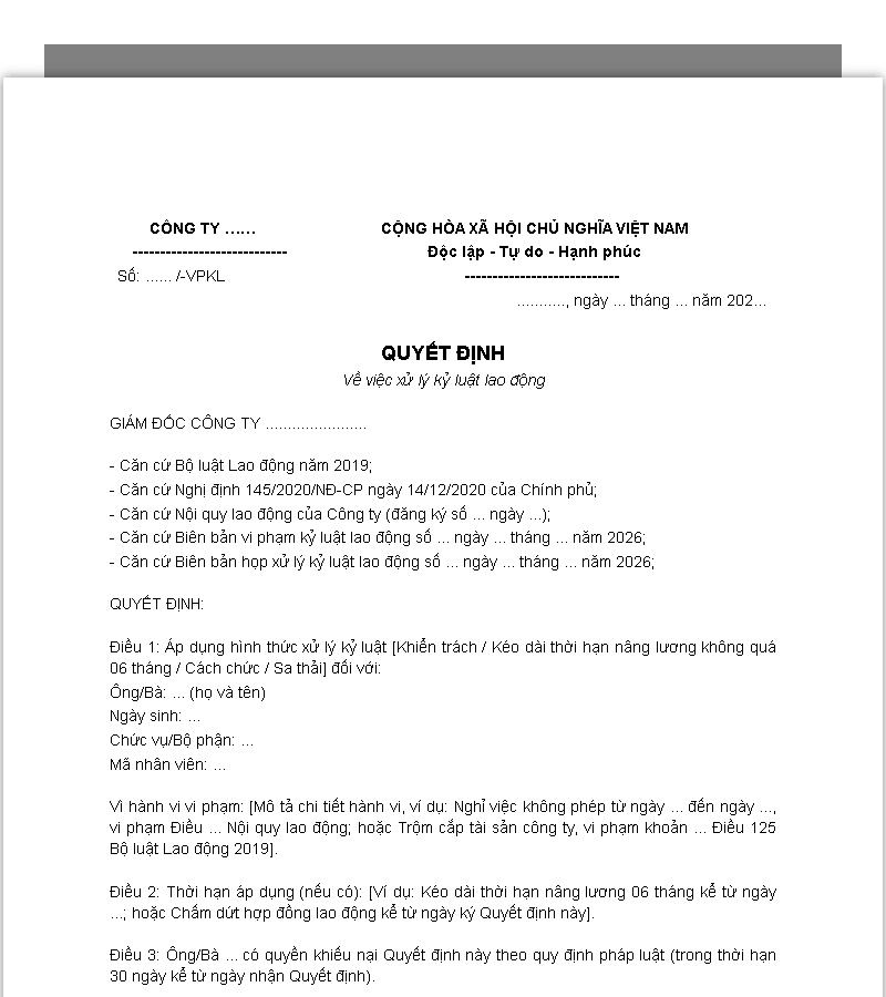 Mẫu quyết định xử lý kỷ luật lao động