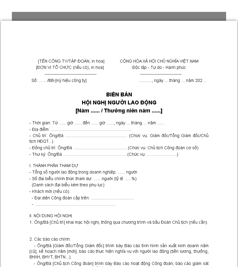 Mẫu biên bản hội nghị người lao động