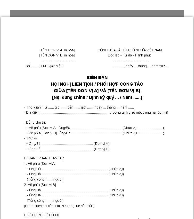 Mẫu biên bản hội nghĩ liên tịch giữa hai đơn vị