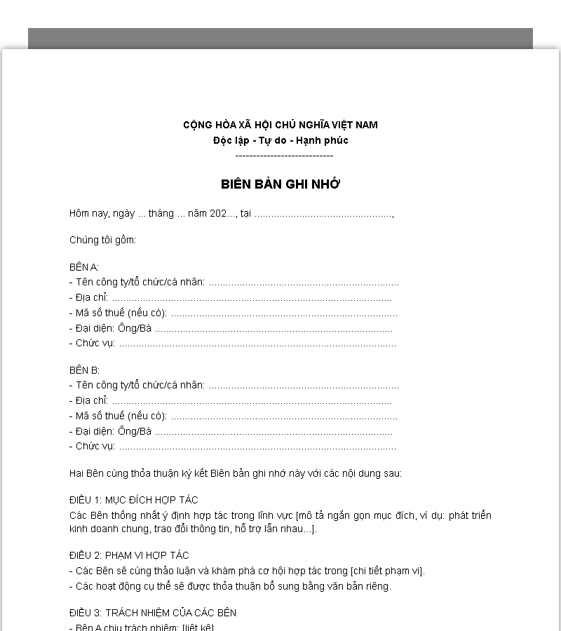 Mẫu biên bản ghi nhớ chung