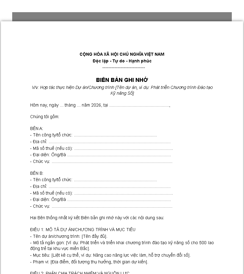 Mẫu biên bản ghi nhớ dự án, chương trình
