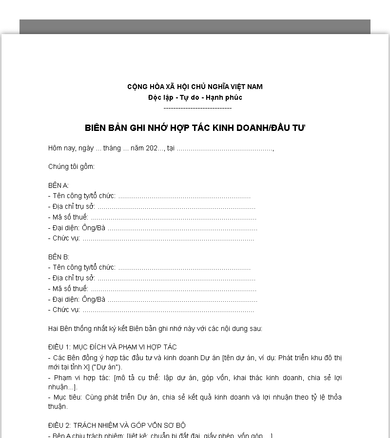Mẫu biên bản ghi nhớ hợp tác, kinh doanh, đầu tư