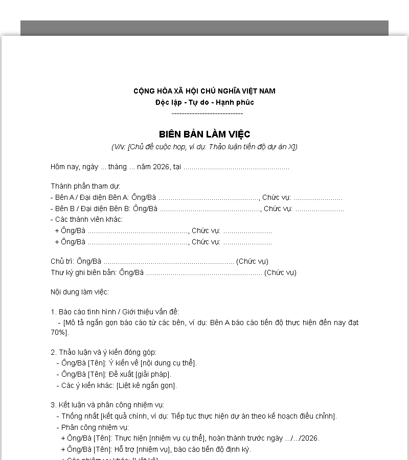 Mẫu biên bản nghỉ nhớ làm việc
