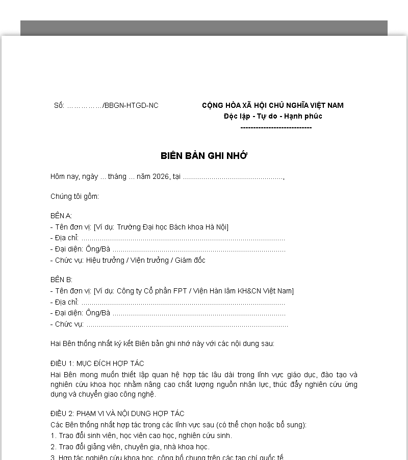 Mẫu biên bản ghi nhớ trong lĩnh vực giáo dục, nghiên cứu