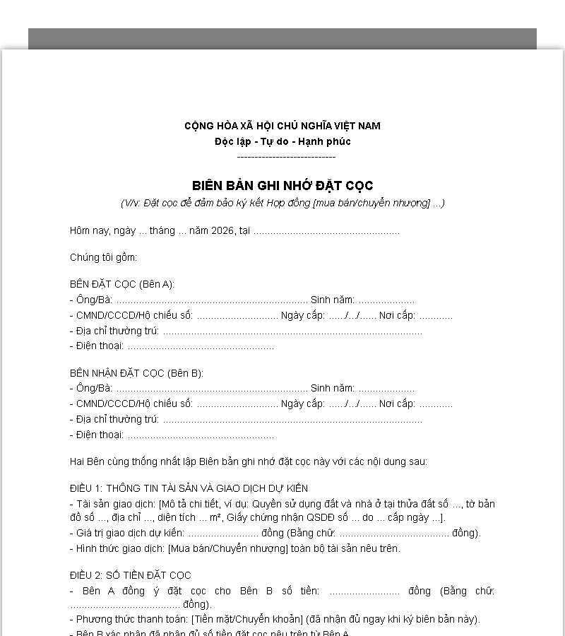 Mẫu biên bản nghi nhớ về việc đặt cọc, đặt trước nếu không dùng hợp đồng đặt cọc