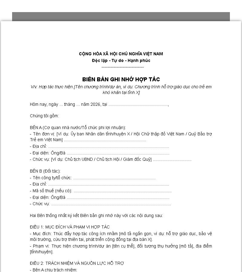 Mẫu biên bản ghi nhớ với cơ quan nhà nước, tổ chức phi lợi nhuận