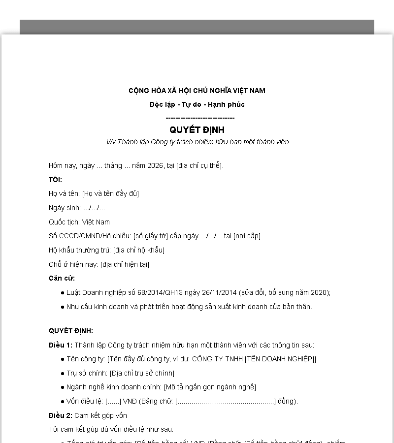 Mẫu biên bản thỏa thuận góp vốn thành lập công ty TNHH 1 thành viên