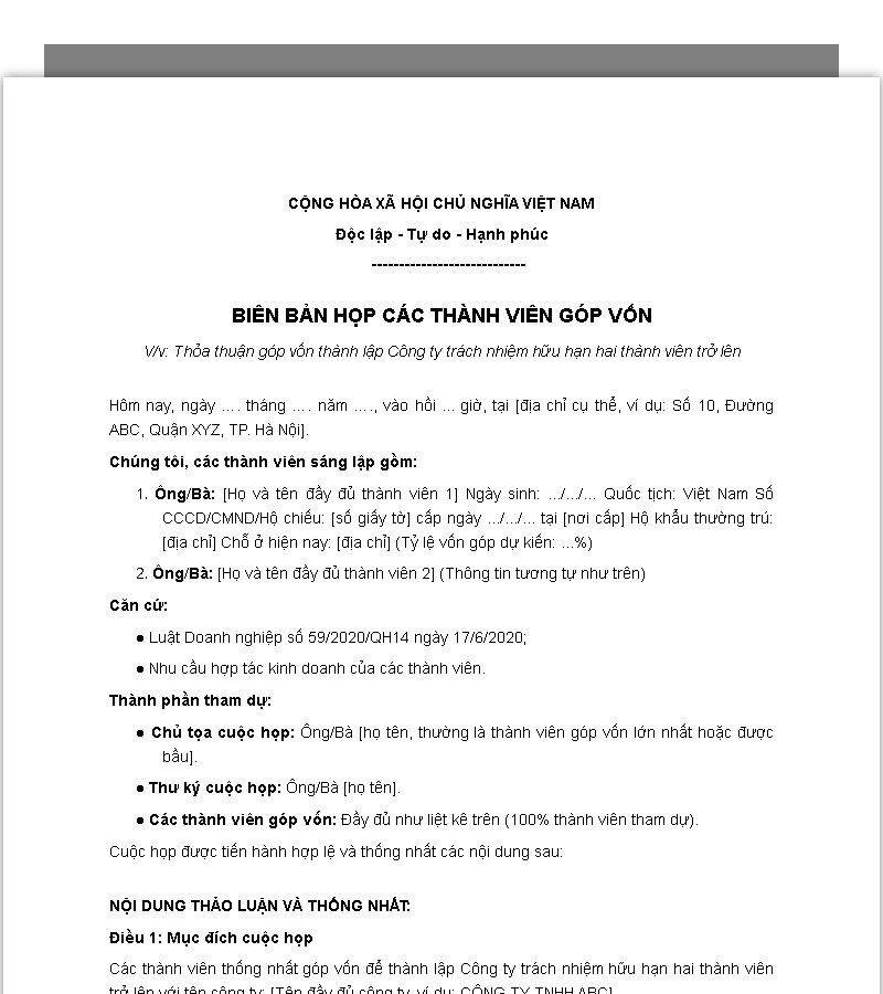Mẫu biên bản thoải thuận góp vốn thành lập công ty TNHH 2 thành viên trở lên