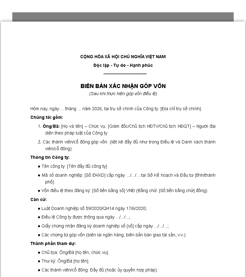 Mẫu biên bản xác nhận góp vốn