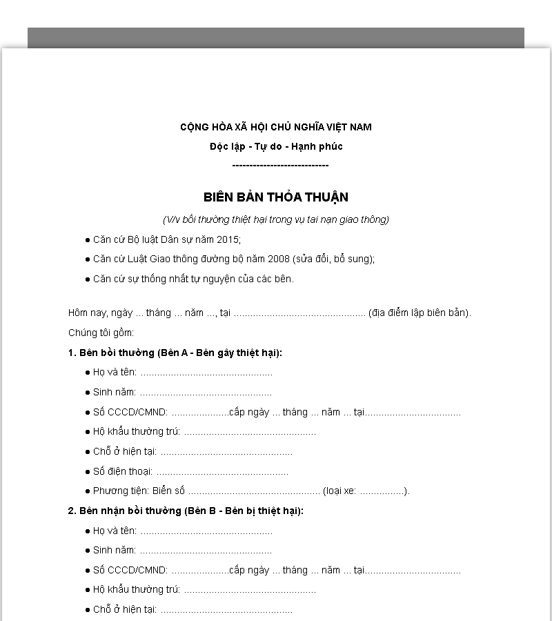 Mẫu biên bản bồi thường tai nạn giao thông