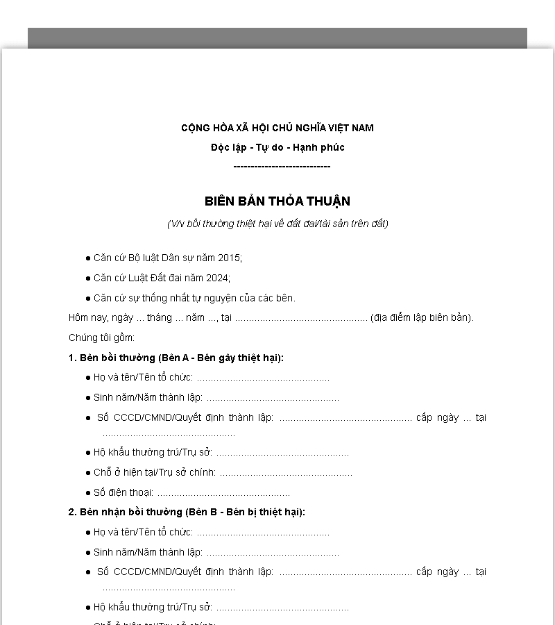 Mẫu biên bản thỏa thuận bồi thường đất