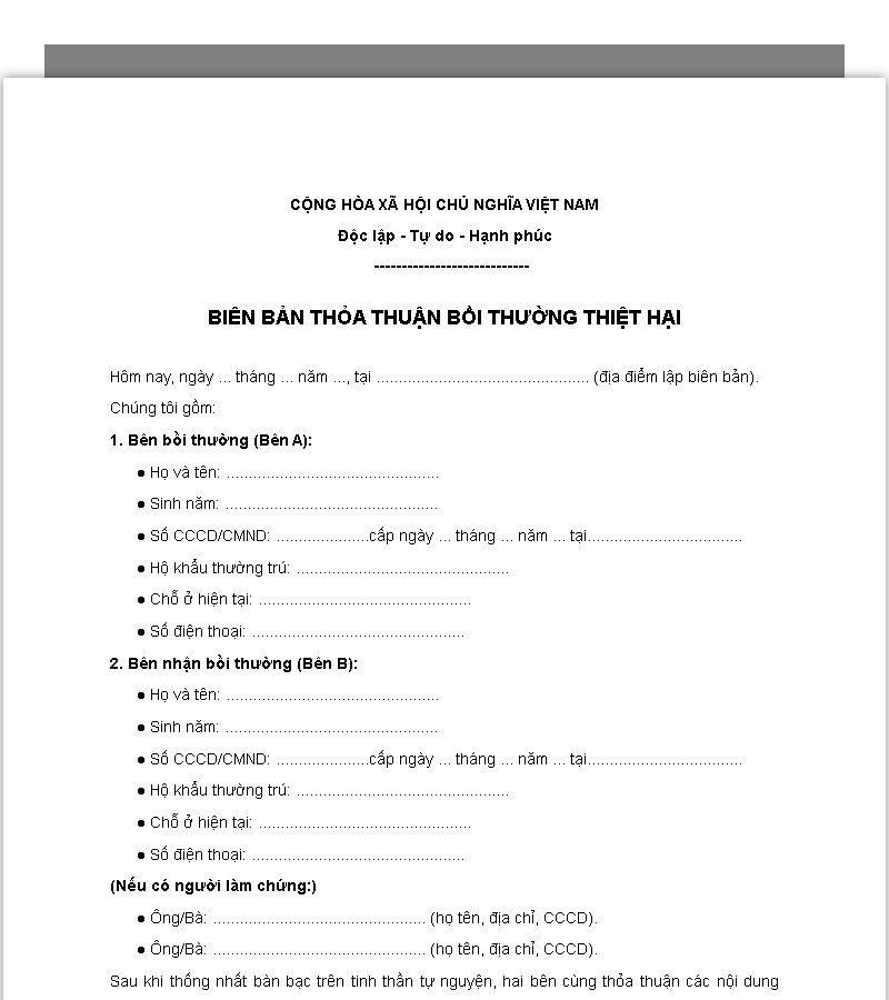Mẫu chung biên bản bồi thường thiệt hại