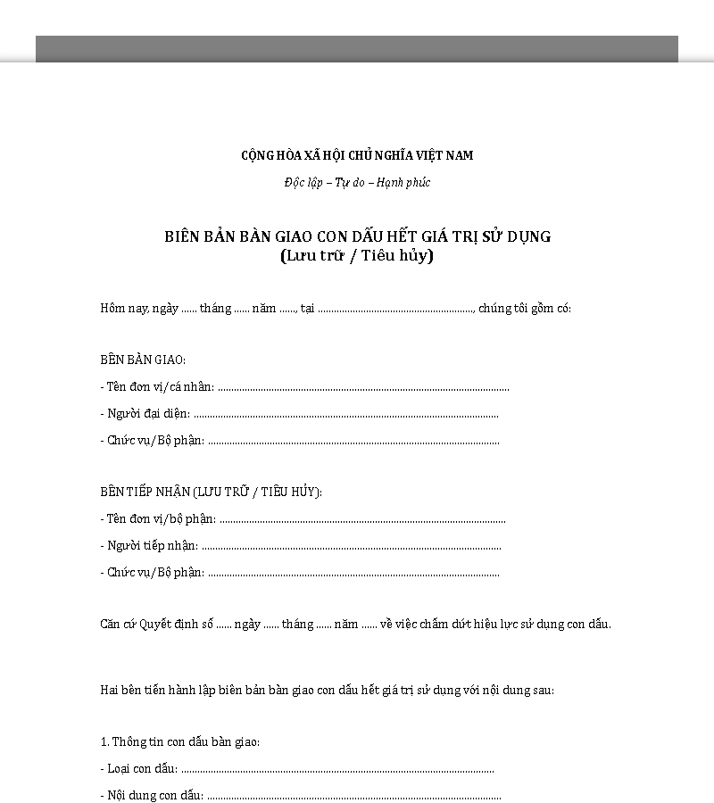 Mẫu biên bản bàn giao con dấu hết giá trị sử dụng