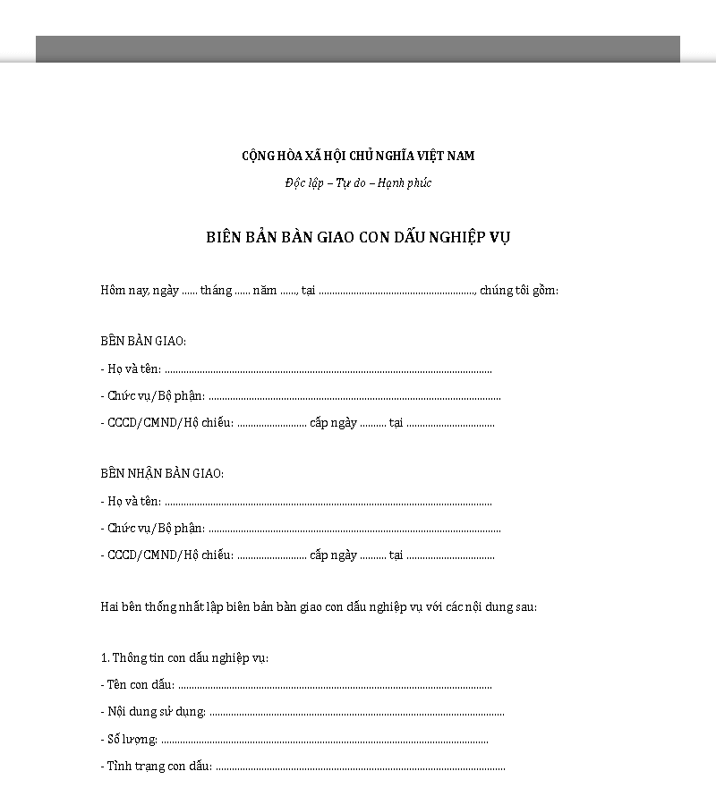 Mẫu biên bản bàn giao con dấu nghiệp vụ