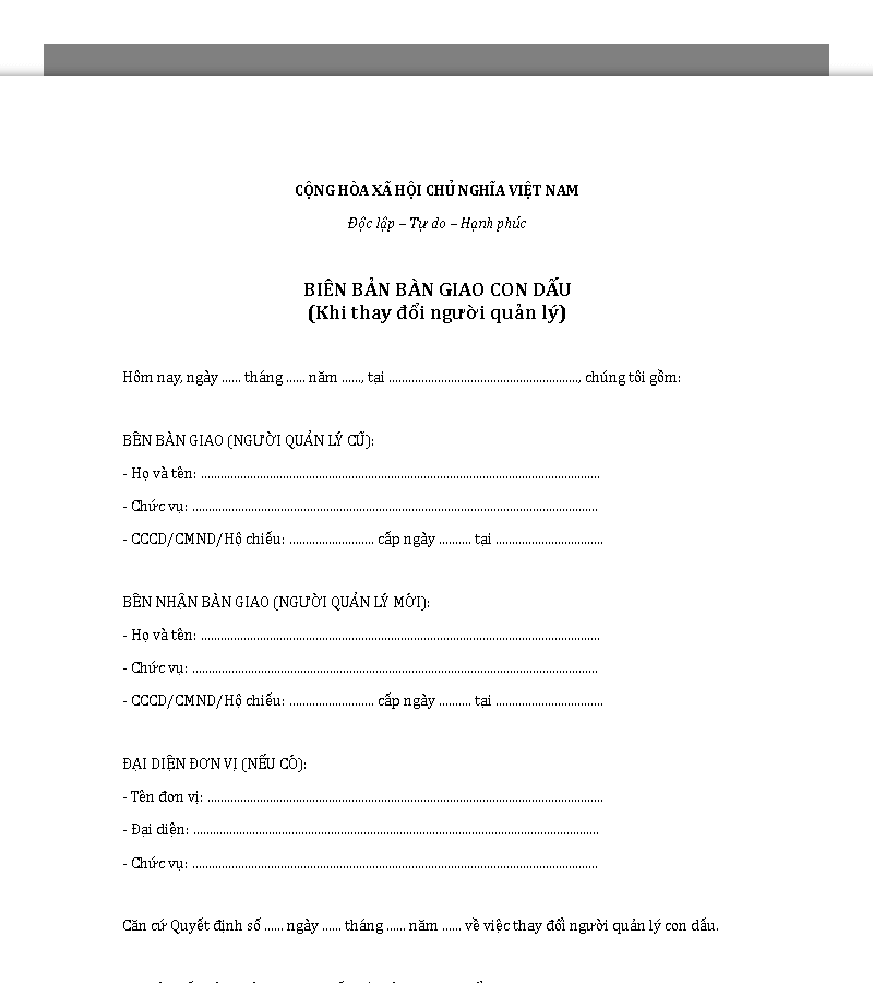 Mẫu biên bản bàn giao con dấu thay đổi người quản lý