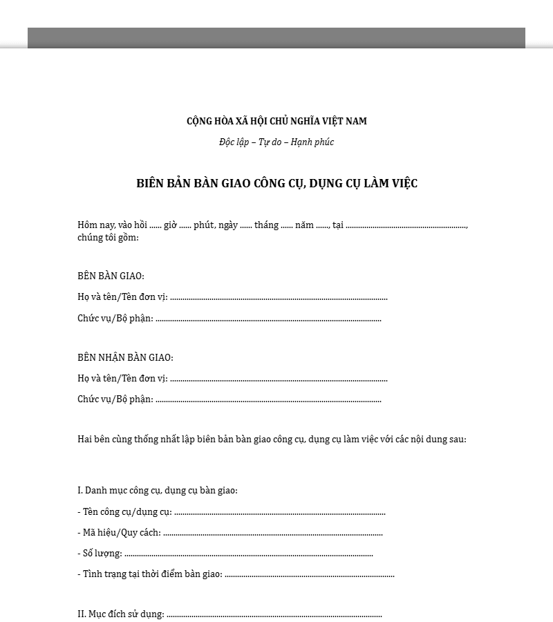 Mẫu biên bản bàn giao công cụ, dụng cụ làm việc