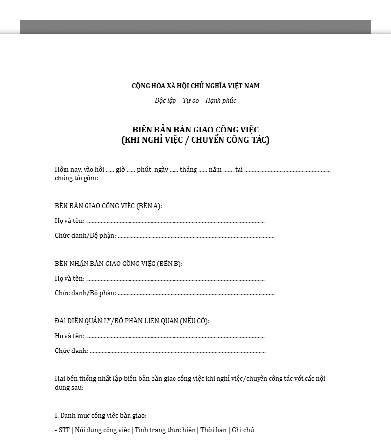 Mẫu biên bản bàn giao công việc khi nghỉ việc, chuyển công tác