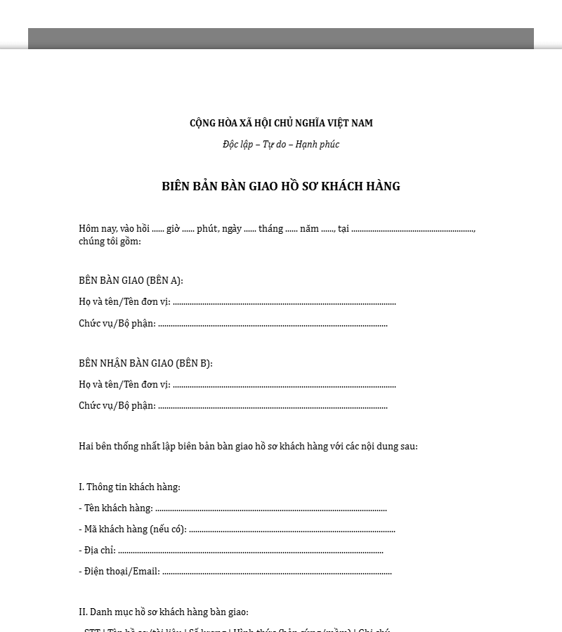 Mẫu biên bản bàn giao hồ sơ khách hàng
