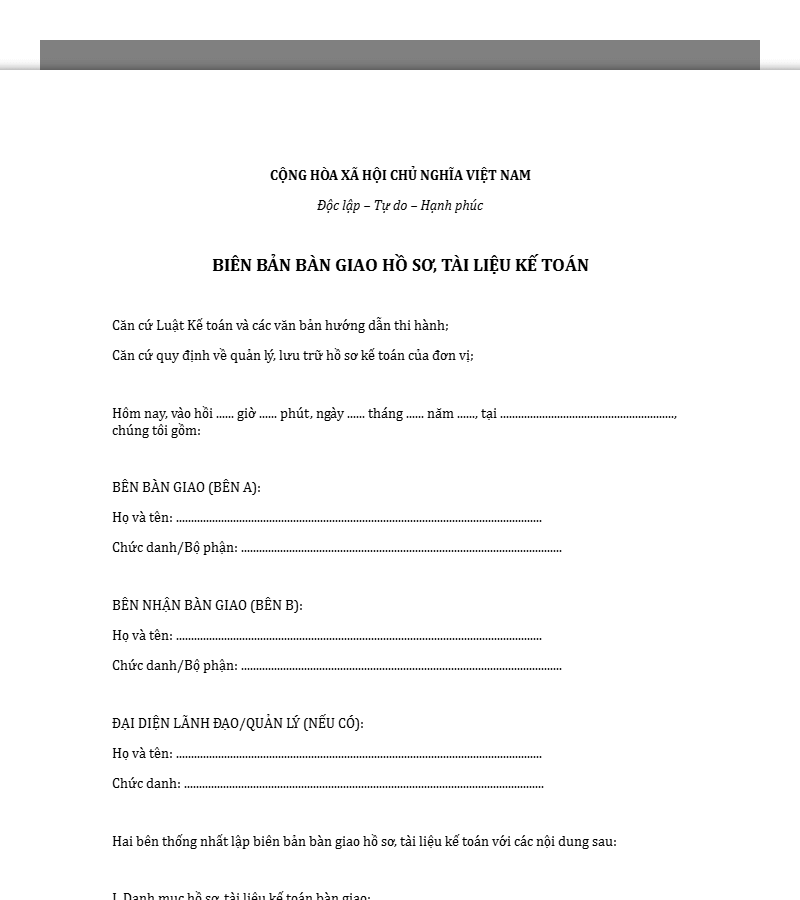 Mẫu biên bản bàn giao hồ sơ tài liệu kế toán