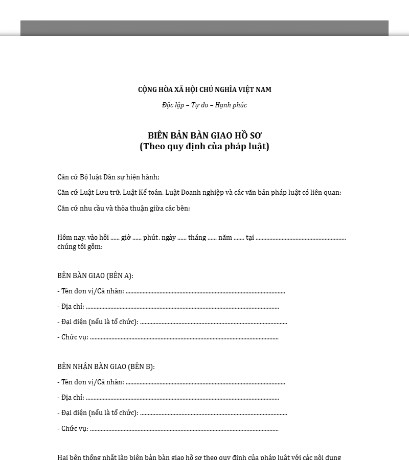Mẫu biên bản bàn giao hồ sơ theo quy định pháp luật