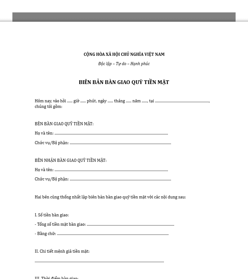 Mẫu biên bản bàn giao quỹ tiền mặt