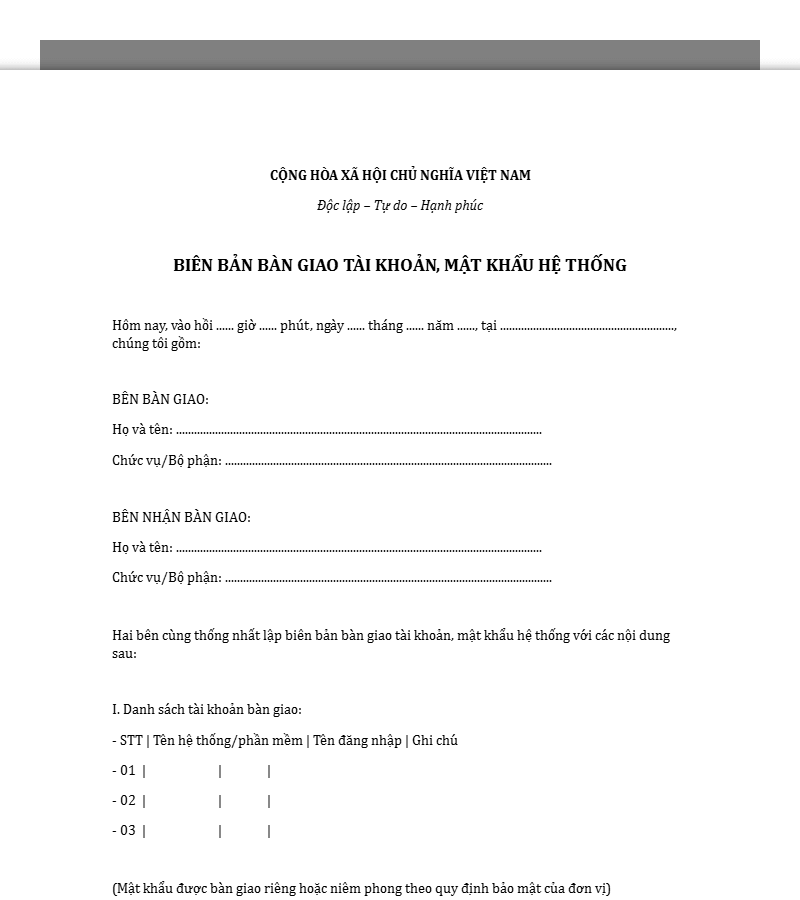 Mẫu biên bản bàn giao tài khoản, mật khẩu hệ thống