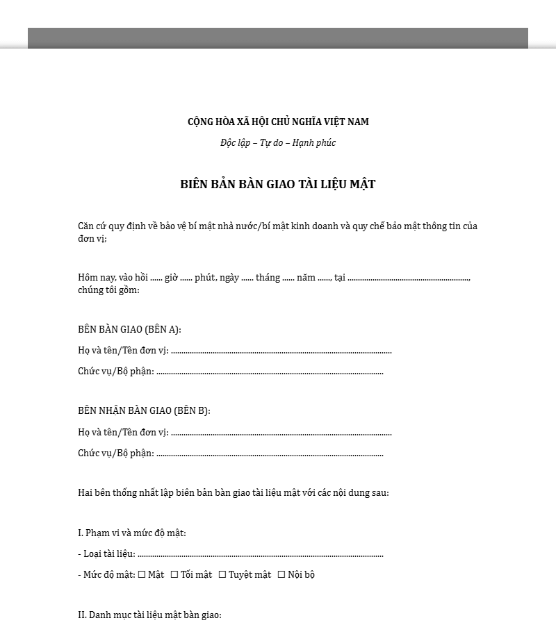 Mẫu biên bản bàn giao tài liệu mật