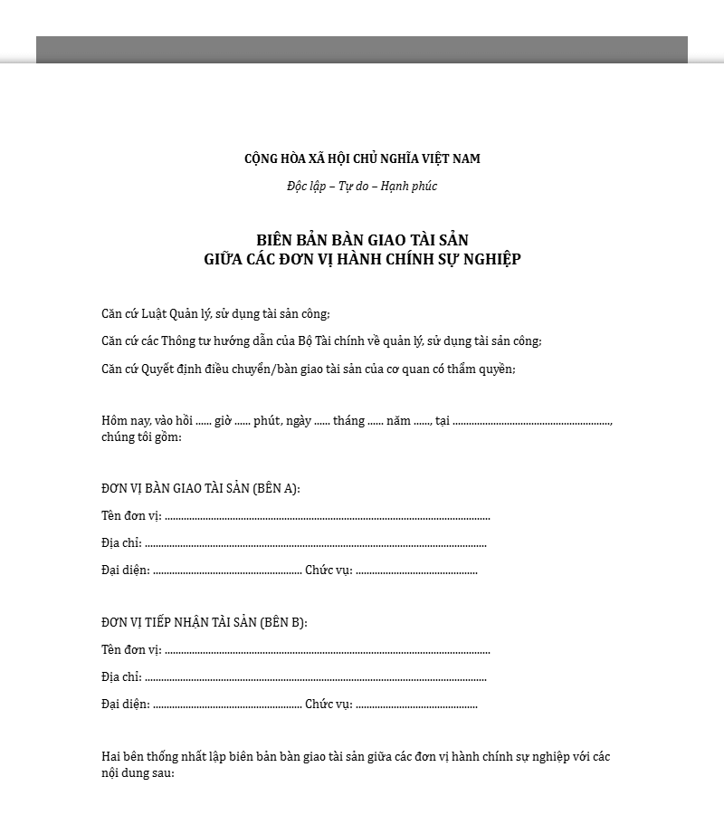 Mẫu biên bản bàn giao tài sản đơn vị hành chính sự nghiệp