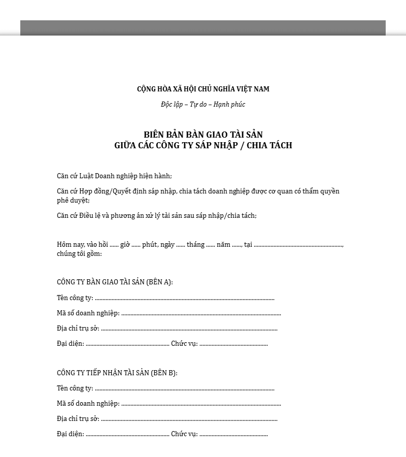 Mẫu biên bản bàn giao tài sản sáp nhập, chia tách