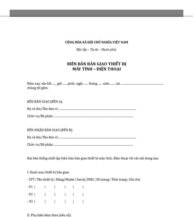 Mẫu biên bản bàn giao thiết bị máy tính, điện thoại