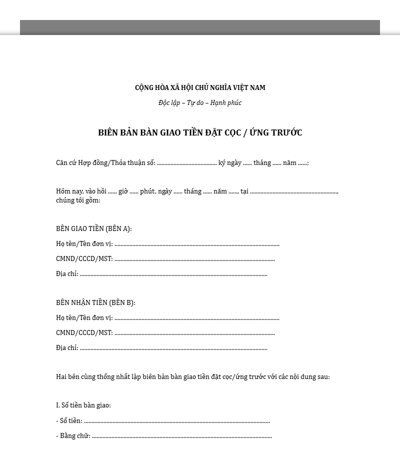 Mẫu biên bản bàn giao tiền đặt cọc, ứng trước
