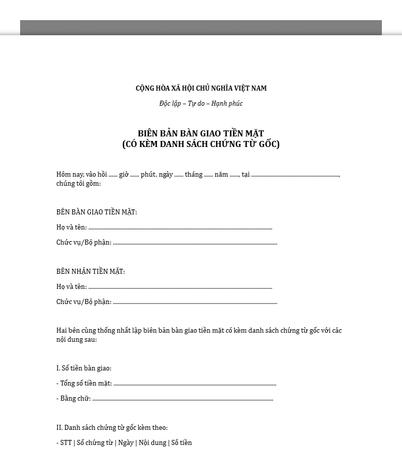 Mẫu biên bản bàn giao tiền mặt kèm chứng từ gốc