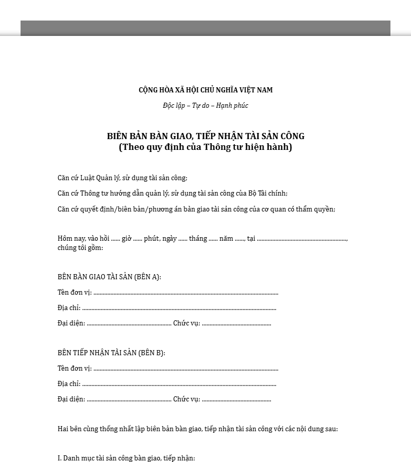 Mẫu biên bản bàn giao, tiếp nhận tài sản công theo thông tư
