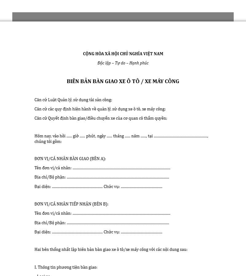 Mẫu biên bản bàn giao xe ô tô, xe máy công