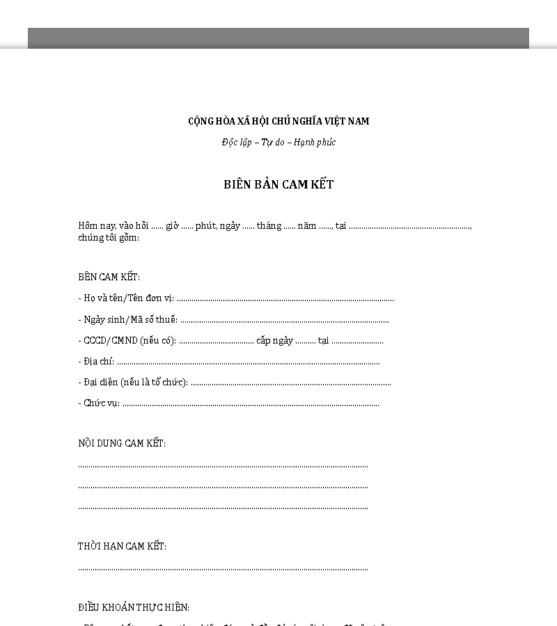 Mẫu biên bản cam kết chung