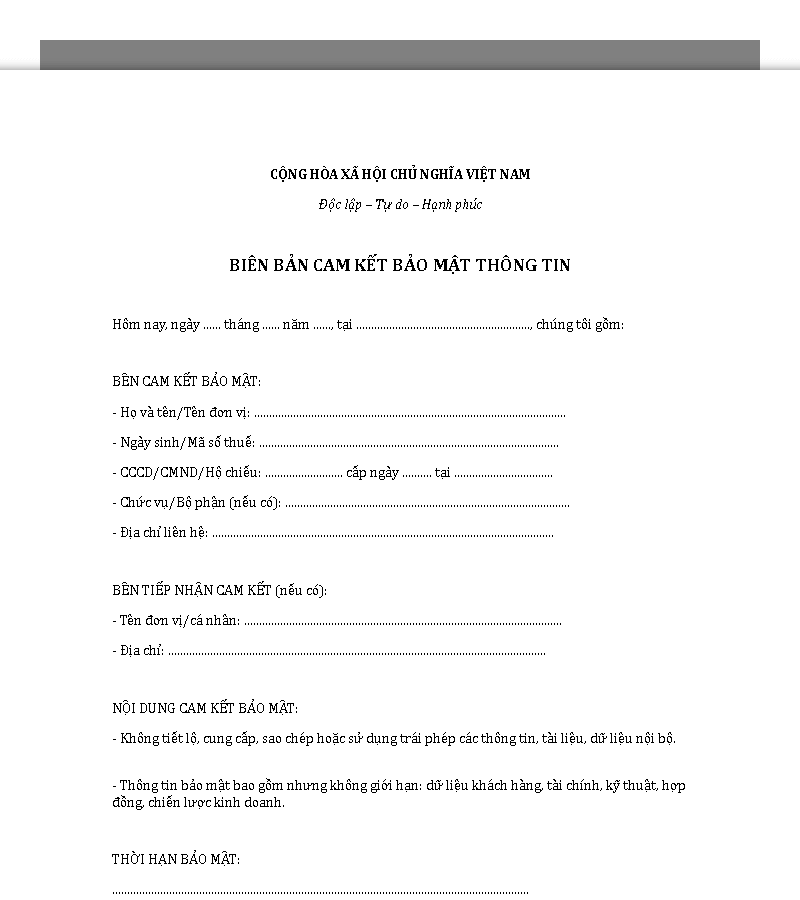 Mẫu biên bản cam kết bảo mật thông tin