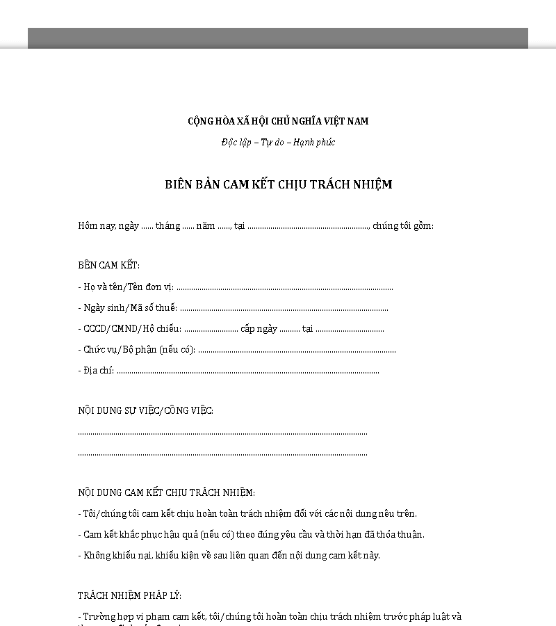 Mẫu biên bản cam kết chịu trách nhiệm