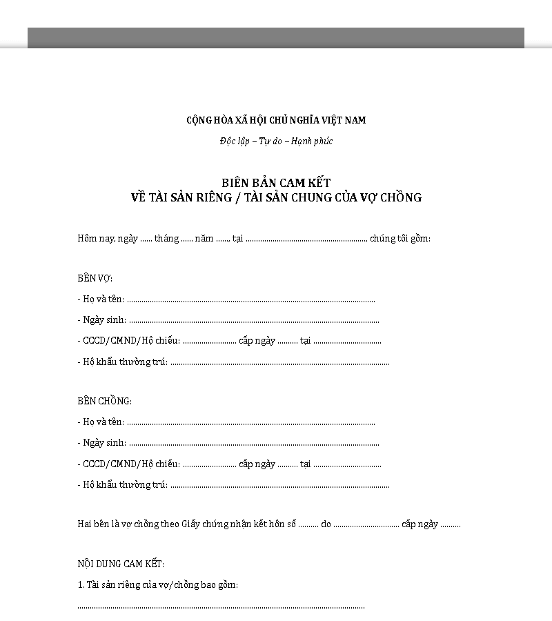 Mẫu biên bản cam kết tài sản vợ chồng