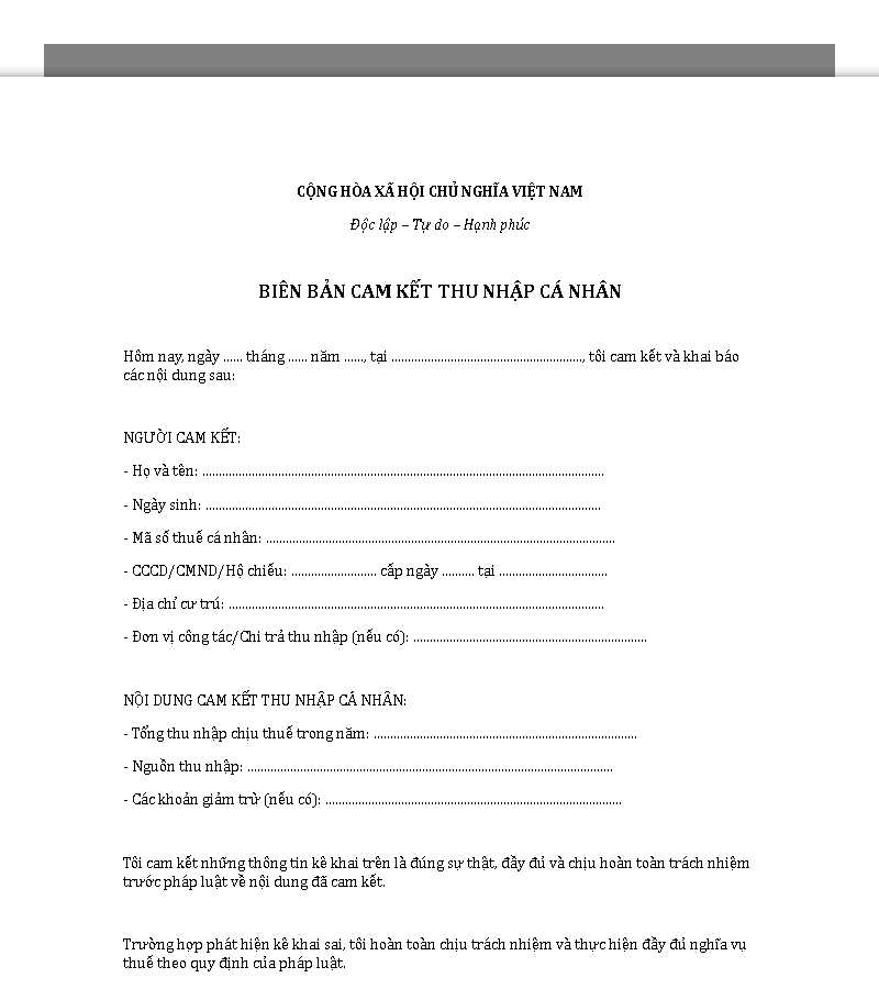Mẫu biên bản cam kết thu nhập cá nhân