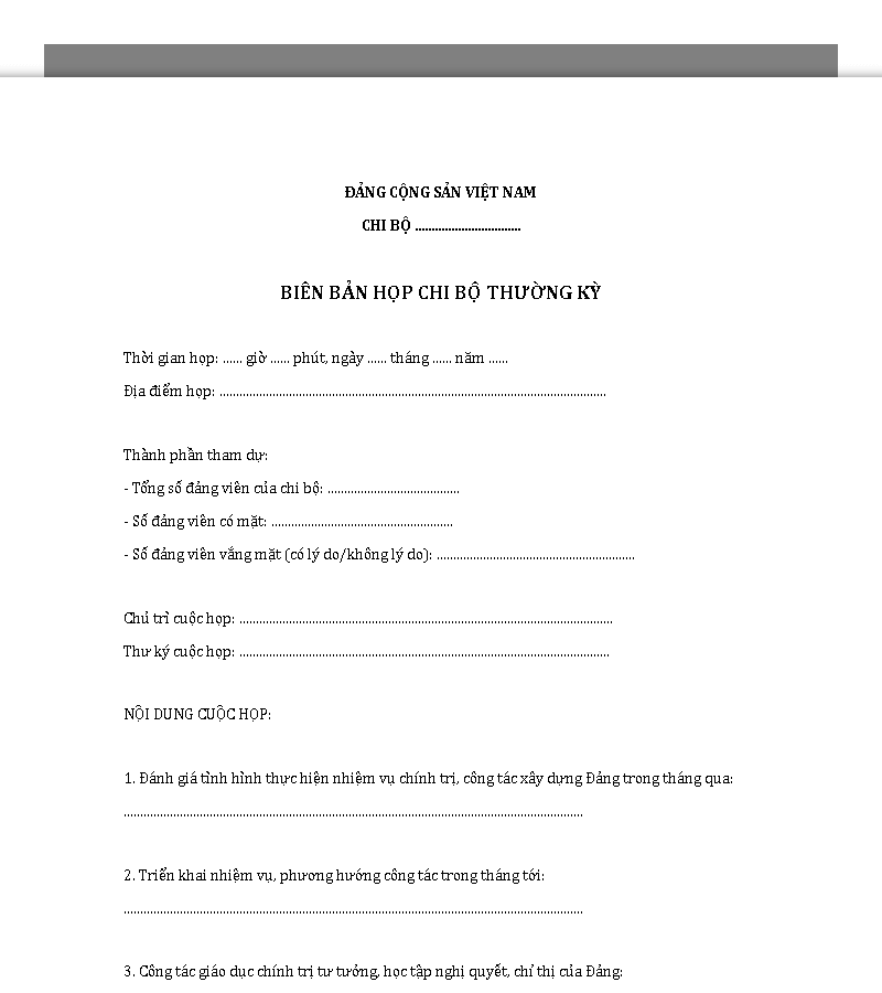 Mẫu biên bản họp chi bộ thường kỳ
