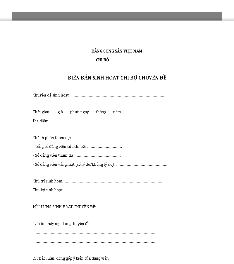 Mẫu biên bản sinh hoạt chi bộ chuyên đề