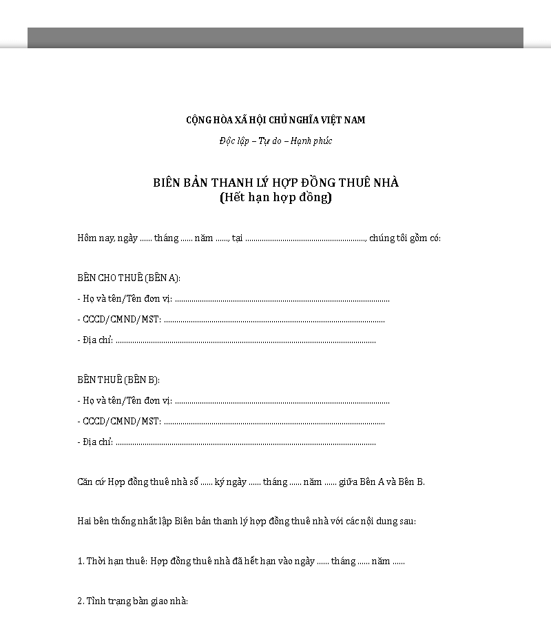 Mẫu biên bản thanh lý hợp đồng thuê nhà hết hạn