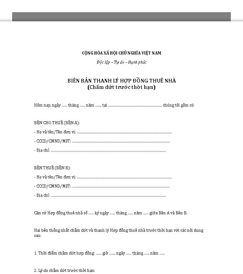 Mẫu biên bản thanh lý hợp đồng thuê nhà trước thời hạn